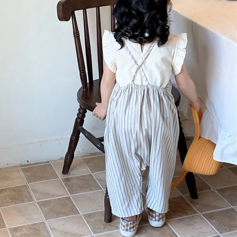 Criscky Girls Summer Fashion Clothes Set 2 PCS Suit Solid Ruffles Tank Tops +Striped Overalls Sets Girls Clothes Casual Wear