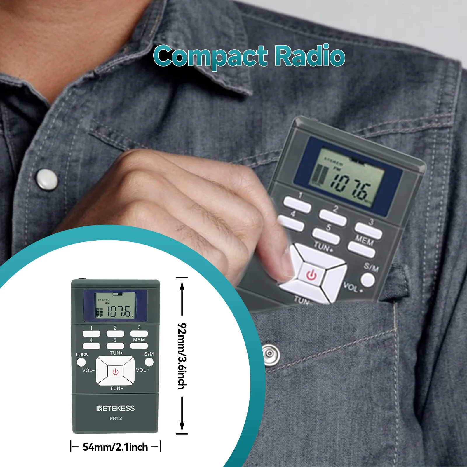 Портативное цифровое стерео-радио Retekess с FM-тюнером, наушниками, цифровыми часами и блокировкой для бега, стрижки газона, в подарок. (art.: 3920dc75c2c2e) - 3920dc75c2c2e