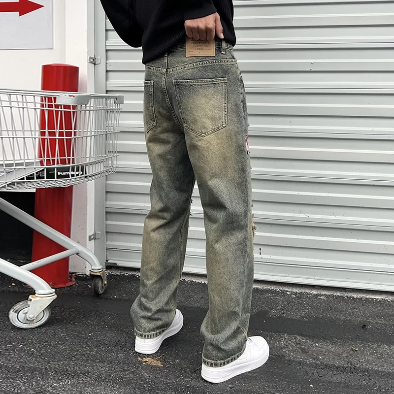 Уличная одежда с нашивками дырками свободные прямые мужские джинсы осенние и