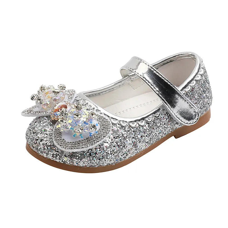 Disney Frozen Elsa Princess Designer Crystal Flat Shoes Kids Bow Tie Bling Slip on Baby Girls Shoes Child Flats Gift images - 6
