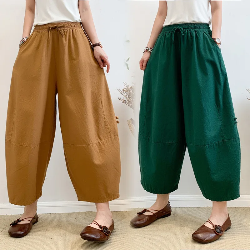 

Women's Cotton Linen Pants Elastic Waist Vintage Trousers Lady Loose Casual Pants 3XL Retro Literary Cotton Trousers 2022 New