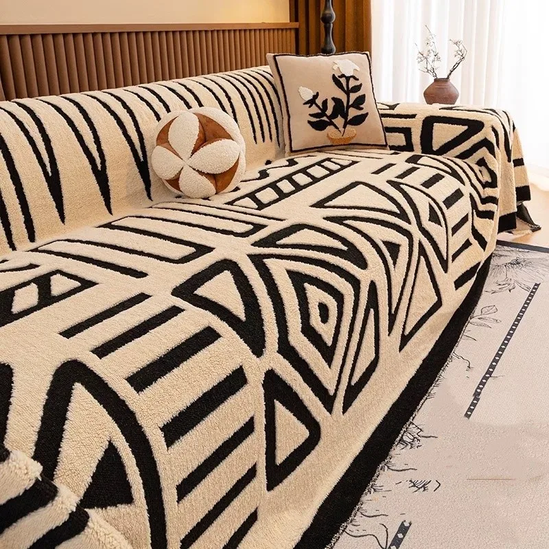 Зимний теплый плюшевый чехол для дивана с геометрическим узором