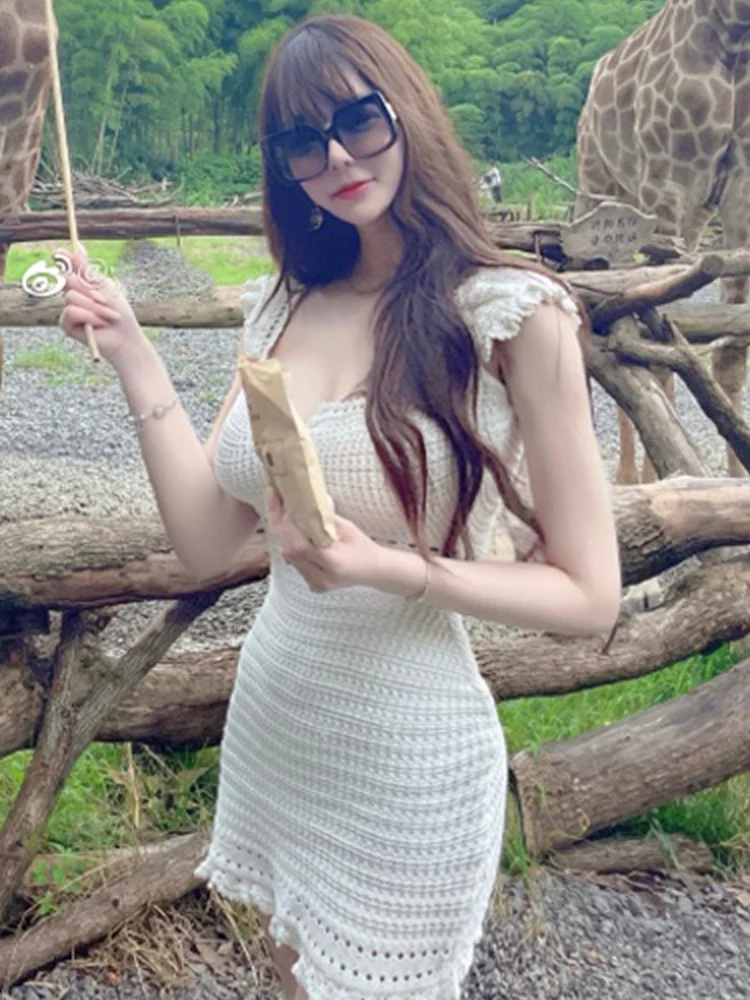 

OL Love Elegant Hook Flower White Mini Dress Women Summer French Sleeveless Hollow Knitted Slim Korean Hot Sexy A9O0