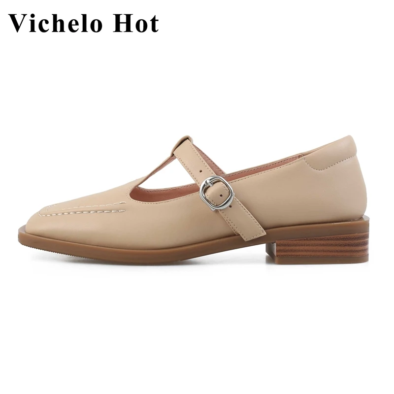 Vichelo Hot cow split leather square toe med heel preppy style young lady daily wear buckle strap fashion solid women pumps L80