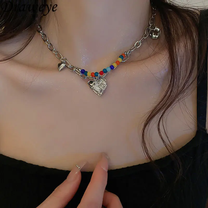 

Радужные бусины Draweye Милые ожерелья для женщин цепочки с сердечком Y2k Ins модное ожерелье с подвеской милое ювелирное изделие-чокер