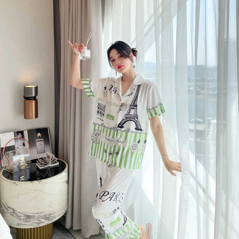 [Women's pajamas] [high-quality]2022 Summer New Ice Silk Pajamas Women Can Wear Thin Imitation Silk Home Furnishes Externally