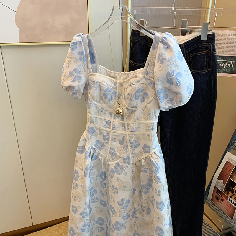 Летнее цветочное платье для девочек 2022 новое милое миди-платье с квадратным