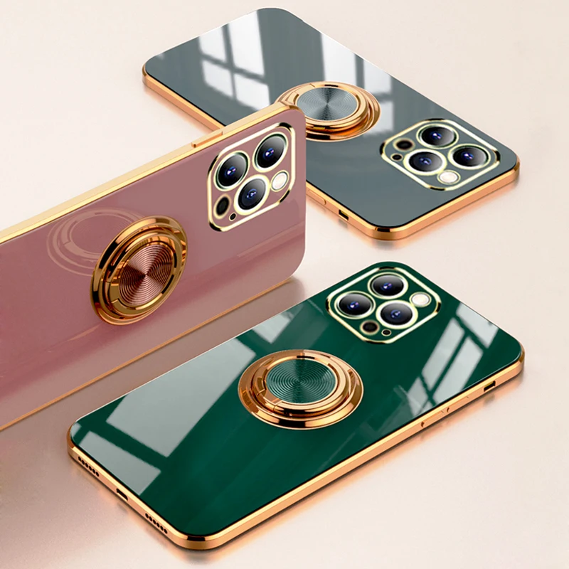 

For iPhone13 ProMax Plating Magnetic Square Case For iPhone 13 12 Mini 11 Pro Max XS XR XS 7 8 Plus Soft Covers With Ring Holder