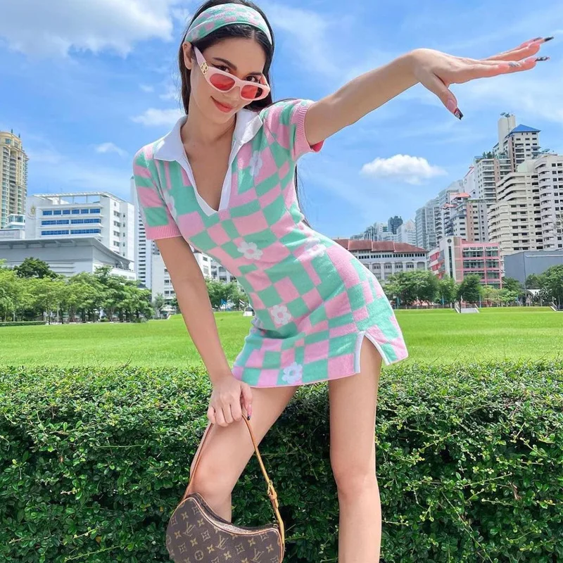 

Cutistation Floral Print Women Dress 2022 Spring Summer Turn-down Collar Short Sleeves Casual Knit Dresses Sweet E-girl Clothes