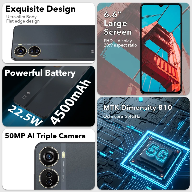 World Premiere Global Version ZTE Blade V41 Vita 5G Smartphone 6GB 128GB NFC Dimensity 810 50MP Triple Cameras 22.5W 4500mAh