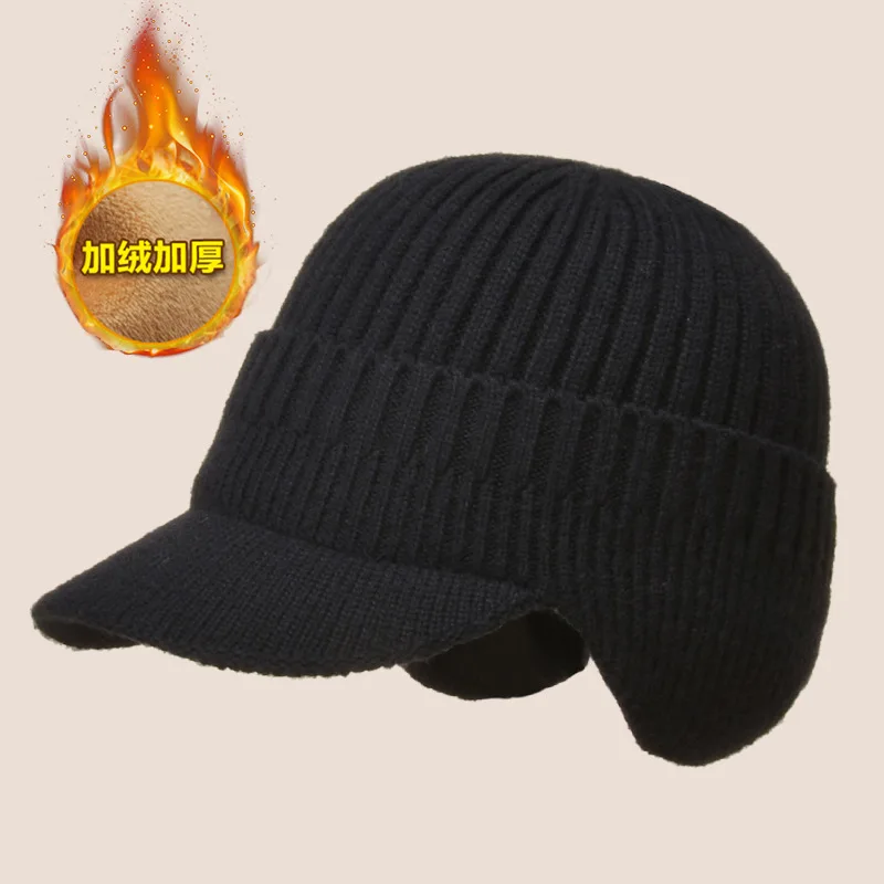 Men Autumn Winter Acrylic Knitted Plus Plush Thick Warm Baseball Hat Brim Outdoor Sport Ear Protect Windproof Hat Skullies A22