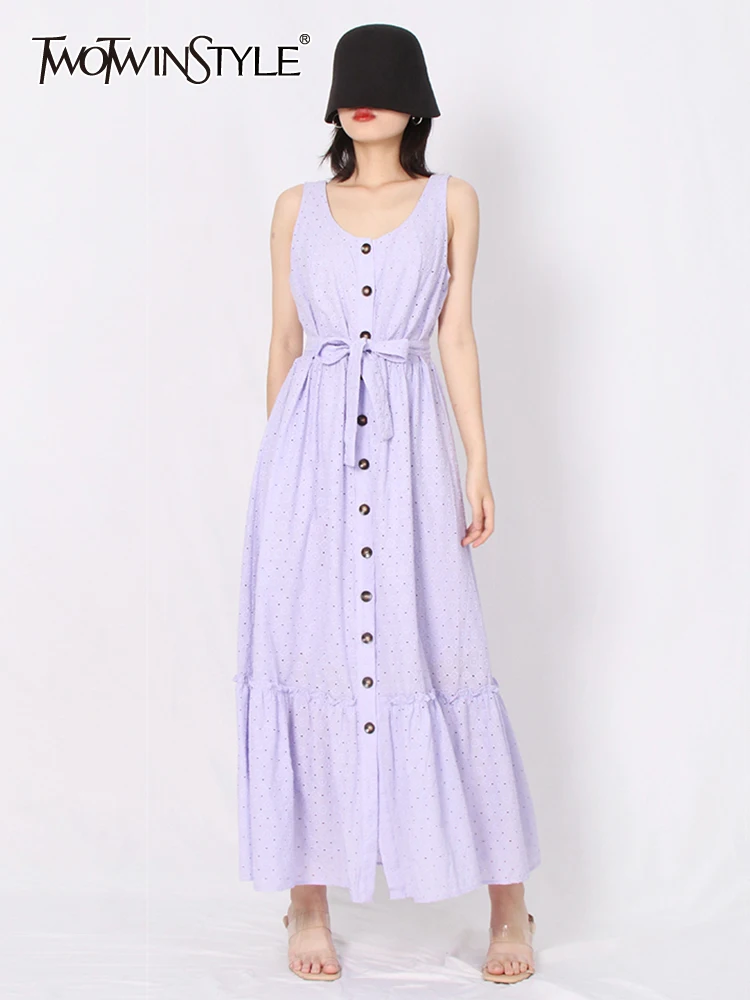 

TWOTWINSTYLE Single Breasted Dresses For Women Round Neck Sleeveless High Waist Folds Mid Dress Female Fashion Style Clothes New