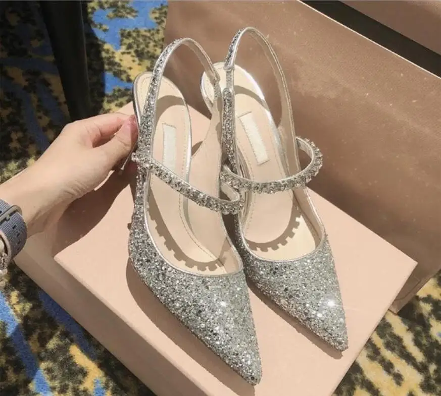 

2022 NEW Women's shoes pointed toe single shoes high heels women's rhinestone Baotou open shoes wedding shoes women womens shoes