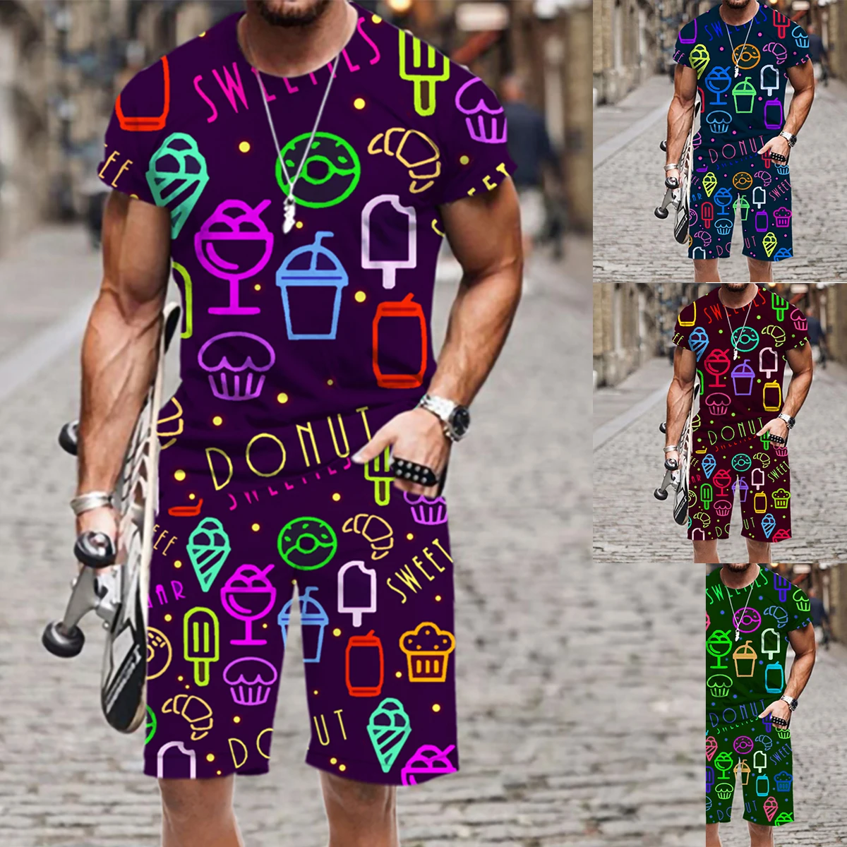 

Summer Men Bar Lighting 3D Print Breathable T-shirt Beach Shorts Casual Suit 2 Pieces Beachwear Fashion Loose Short Sleeve Suits