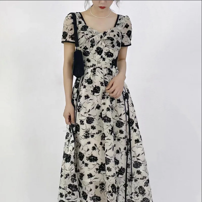 

Elegant High-End Long Dress French Hepburn Style Floral Dress Women's Dress 2022 Summer Short and Long Skirt