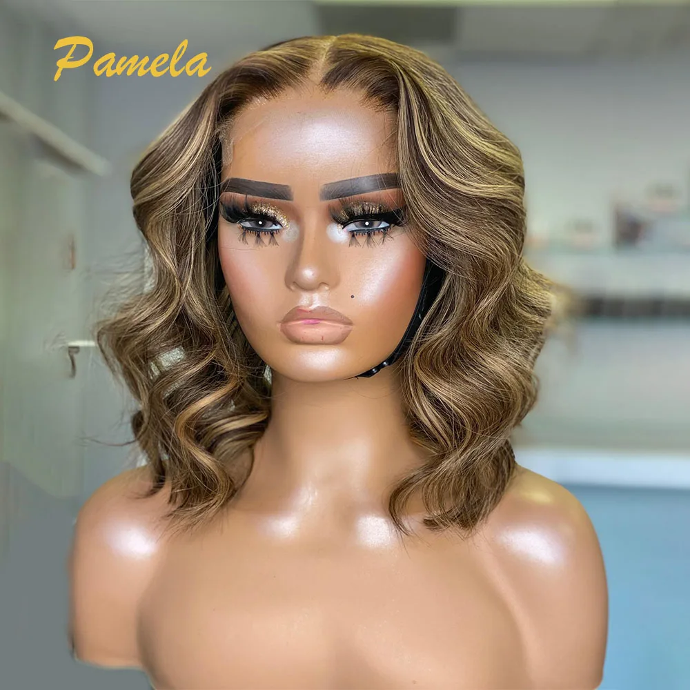 

Highlight Ombre 1b/27 Color 180% Density Short Bob 13x4 Body Wave Honey Blonde Transparent Lace Front Human Hair Wigs For Women