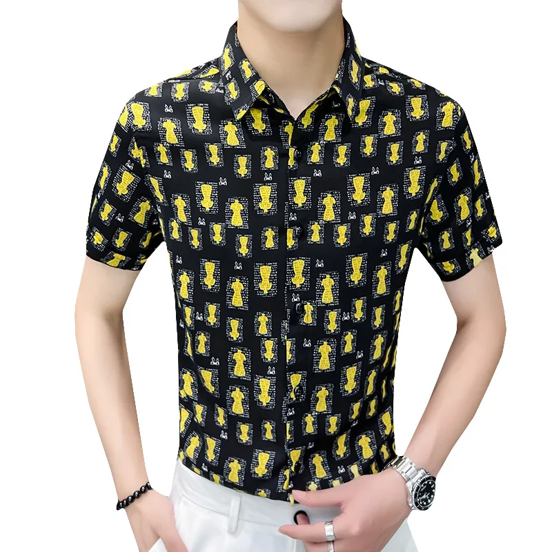 Fashion Printed Shirts Men 2022 Summer Short Sleeve Ice Silk Casual Slim Shirt Business Formal Dress Shirts Camisas Para Hombre