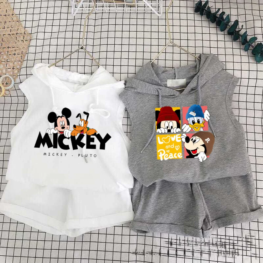 

Children's Shorts Set Summer Tracksuit New Casual Sport Boys Girls Disney Cartoon Printed Mickey Hooded Tank Top Two Piece Suit