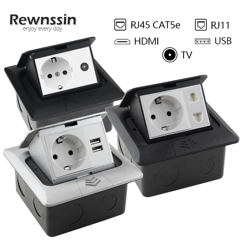 

Скрытая напольная розетка Rewnssin с евророзеткой USB Type C, медленная Выдвижная наземная розетка RJ45 TV HDMI 2Pin Type-C ЕС DE для конференц-зала