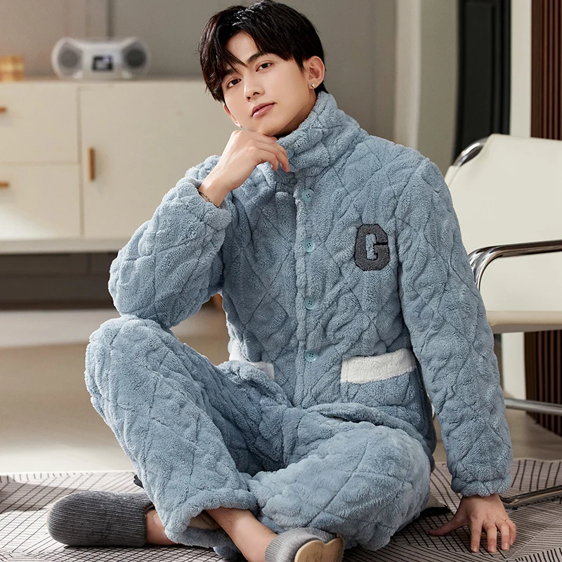 Men's Winter Thicken Pajamas Sets Zipper Warm Flannel Large Size Sleepwear Clip Cotton Homewear Home Clothes Pyjama Pijama