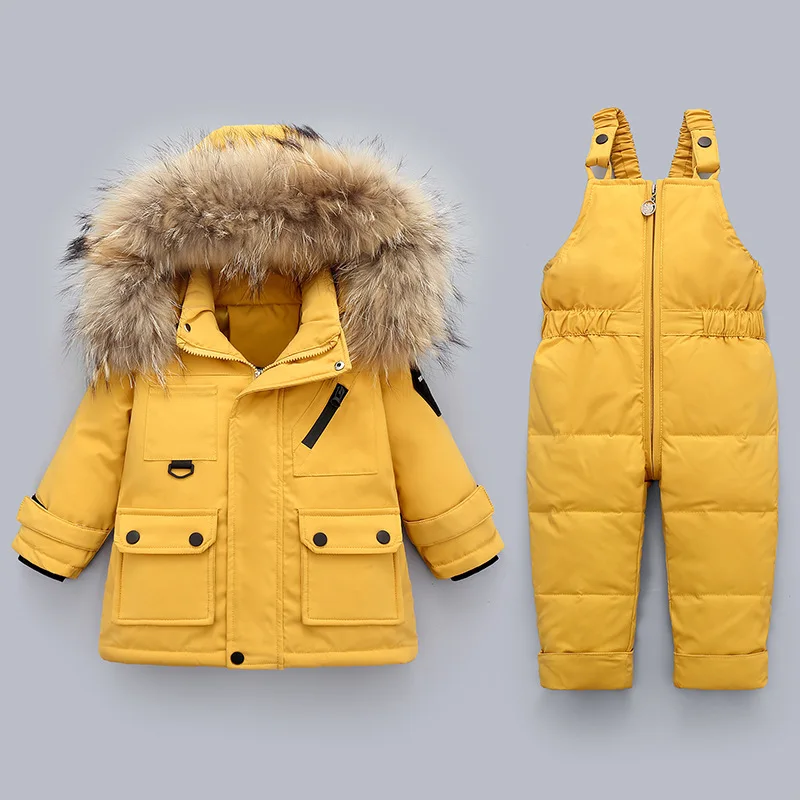 Winter Boy Girls Snowsuit Real Fur Collar Parkas Coat Children's Down Jacket 2Pcs Set