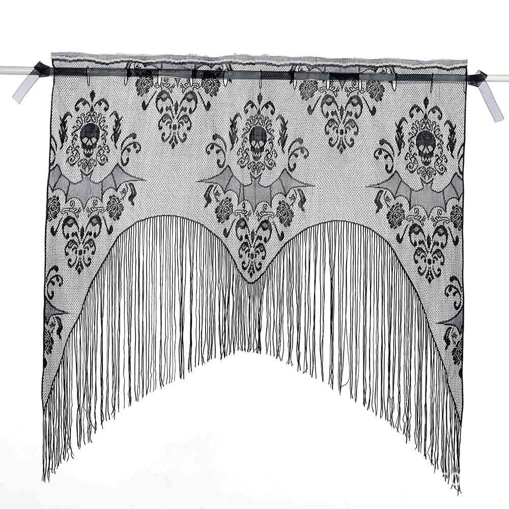 Halloween Gothic Black Lace Tassel Valance Skull Bat Tulle Topper Shawl Halloween Haunted House Party Curtains Fabric Tablecloth