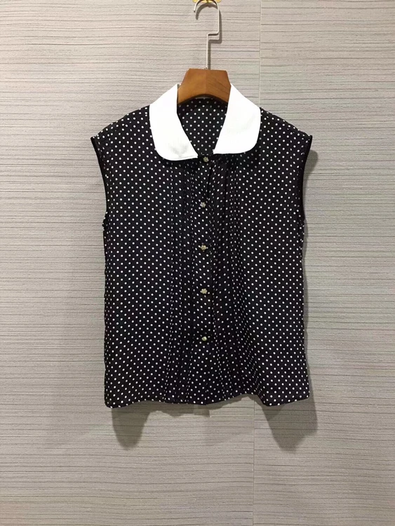 

2022 new women fashion sleeveless small lapel color matching decorative pleated polka dot all-match vest top 507