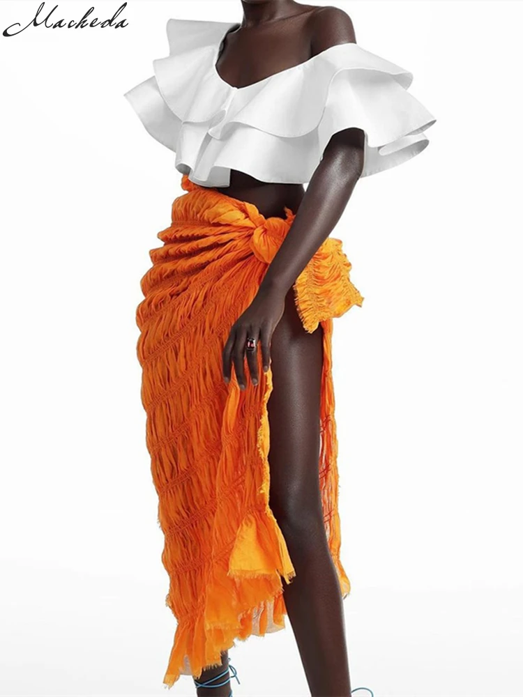 

Macheda, летняя модная однотонная длинная юбка, женская сексуальная юбка со шнуровкой и высокой талией, Уличная Повседневная оранжевая юбка с р...