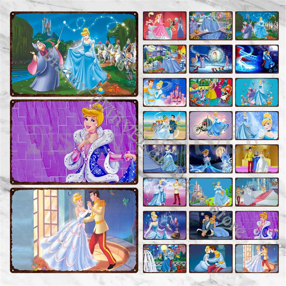

Vintage Cinderella Tin Sign Retro Anime Wall Stickers Disney Princess Metal Sign Bar Club Decorative Plaque Home Decoration