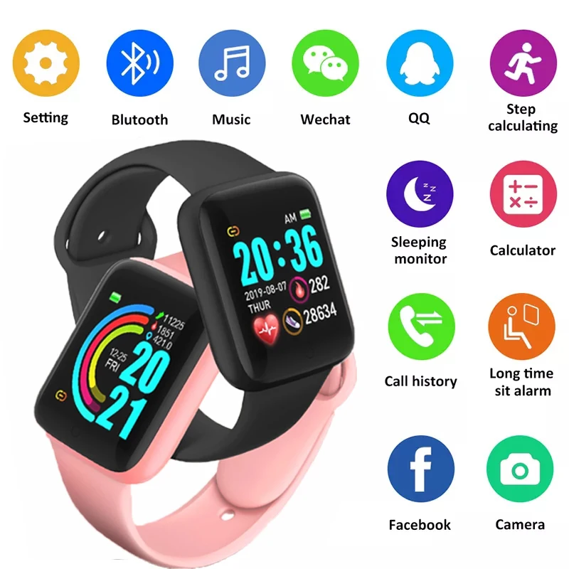 

2022 оригинальные Смарт-часы D20 с пульсометром, фитнес-трекер, водонепроницаемые спортивные Смарт-часы для женщин, часы Y68 для Xiaomi Apple