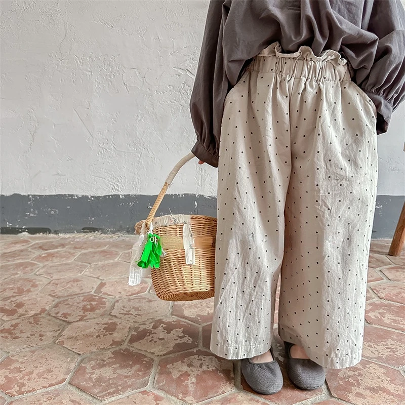 

Детская одежда, брюки в горошек, Новинка Весна 2023, брюки с широкими штанинами в горошек для девочек, шаровары, повседневные брюки для девочек...