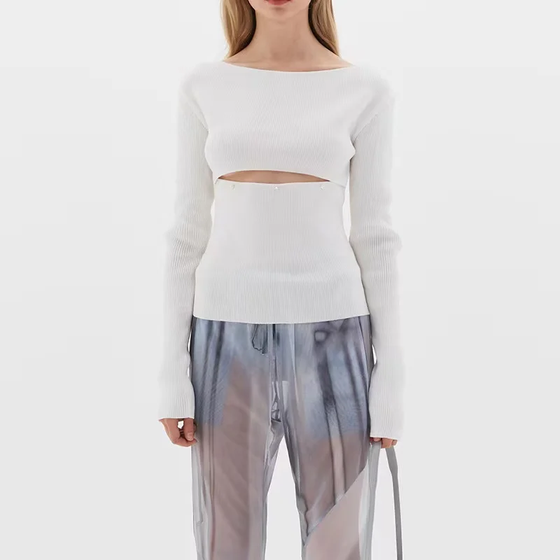 

Корейская версия нишевого свитера с открытыми плечами женский облегающий приталенный топ с открытой грудью Универсальный Новинка весна-лето 2023