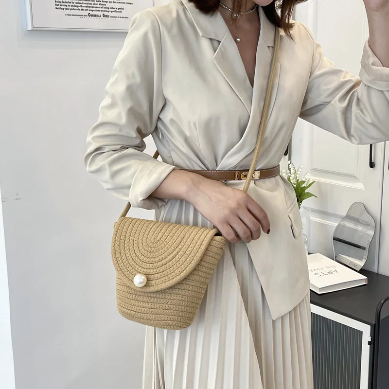 

Rattan Woven Small Women Straw Bag Knitted Handmade Summer Beach Bag Woman Shoulder Messenger Bag Pearl Casual Crossbody Bags