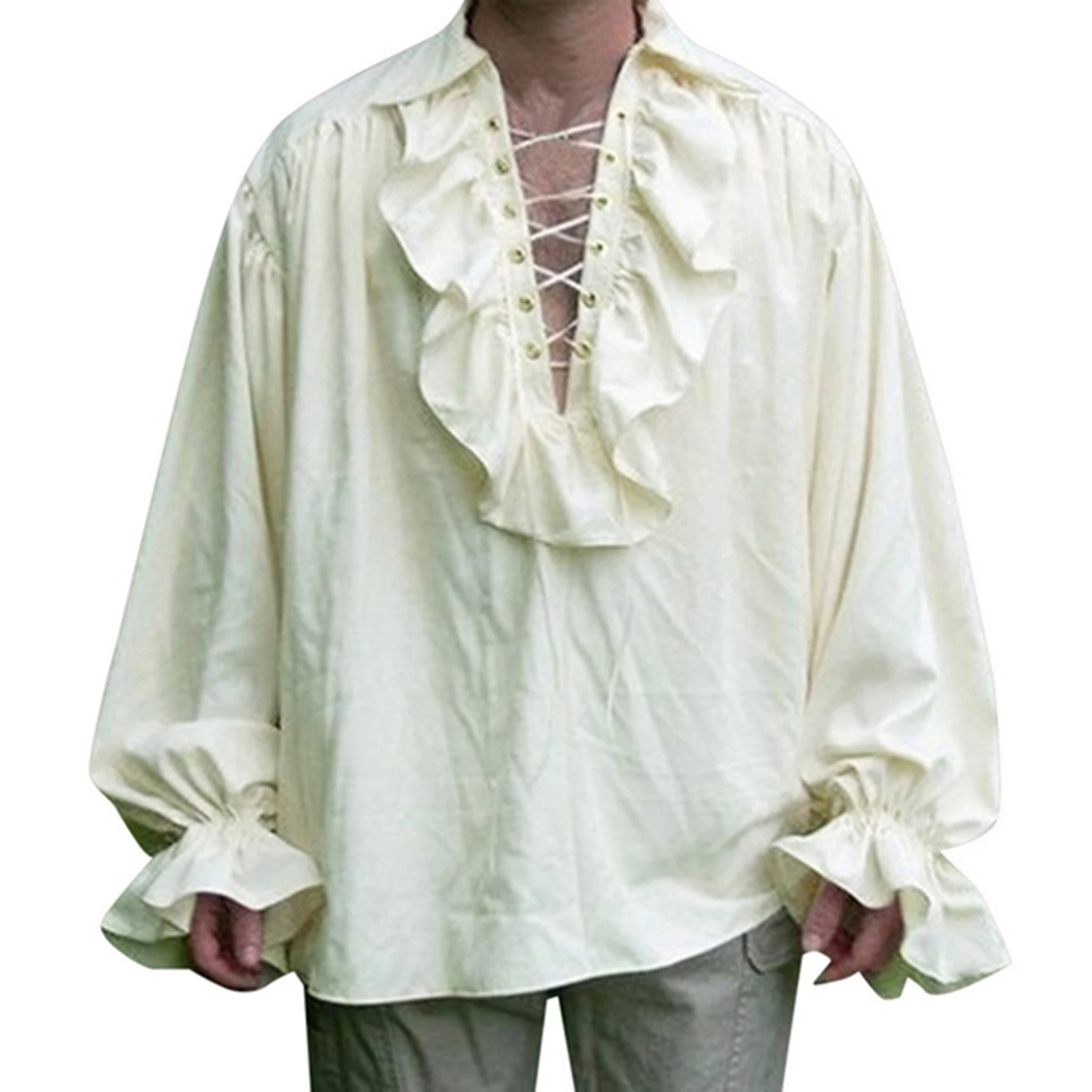 

Мужская Блузка с оборками и длинным рукавом, со шнуровкой, средневековая рубашка в стиле стимпанк, Пиратская рубашка, косплей, принц, искусственный костюм, топы