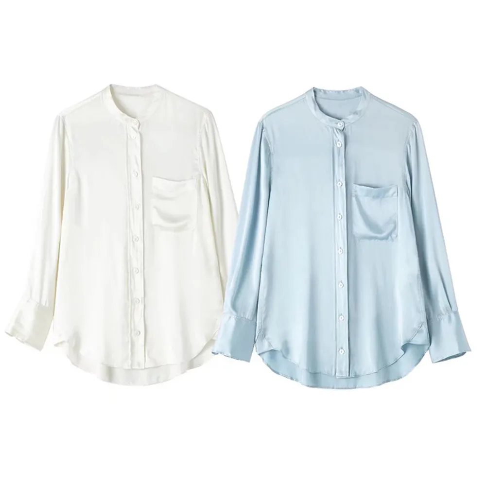 

Летняя новинка от PB & ZA, элегантная женская рубашка с круглым вырезом и длинными рукавами и карманами, украшенная шелковой атласной текстуро...