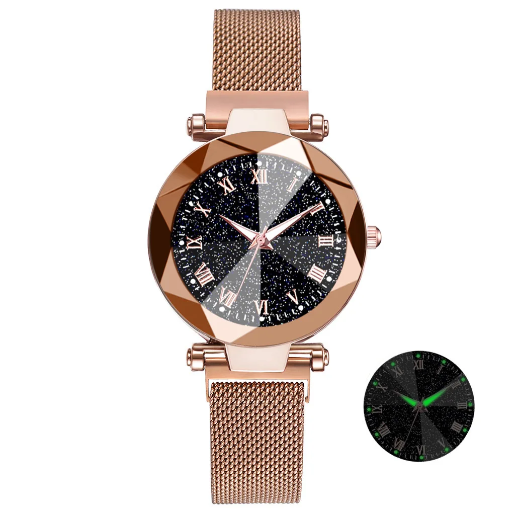 

Roman Patterned Starry Sky Dial LuxuryWomen's Watch Casual Wear Accessories Magnetic Iron Magnet Steel Band Quartz Wristbatch