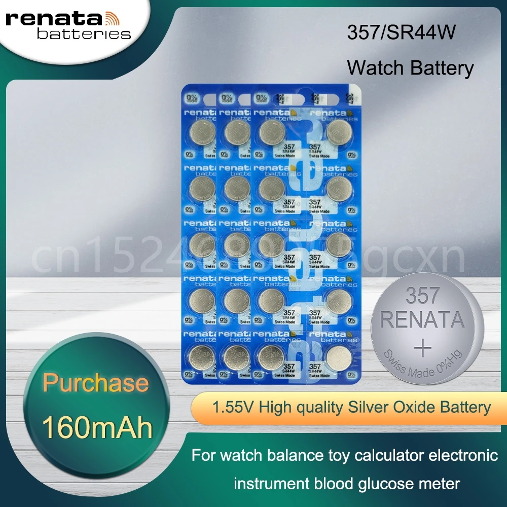 100% Оригинальный Renata 357 SR44W 303 AG13 LR44W LR44 1,55 V Серебряный оксид, батарея для часов, для весы, игрушек, пуговиц, монетница, сделано в Swiss