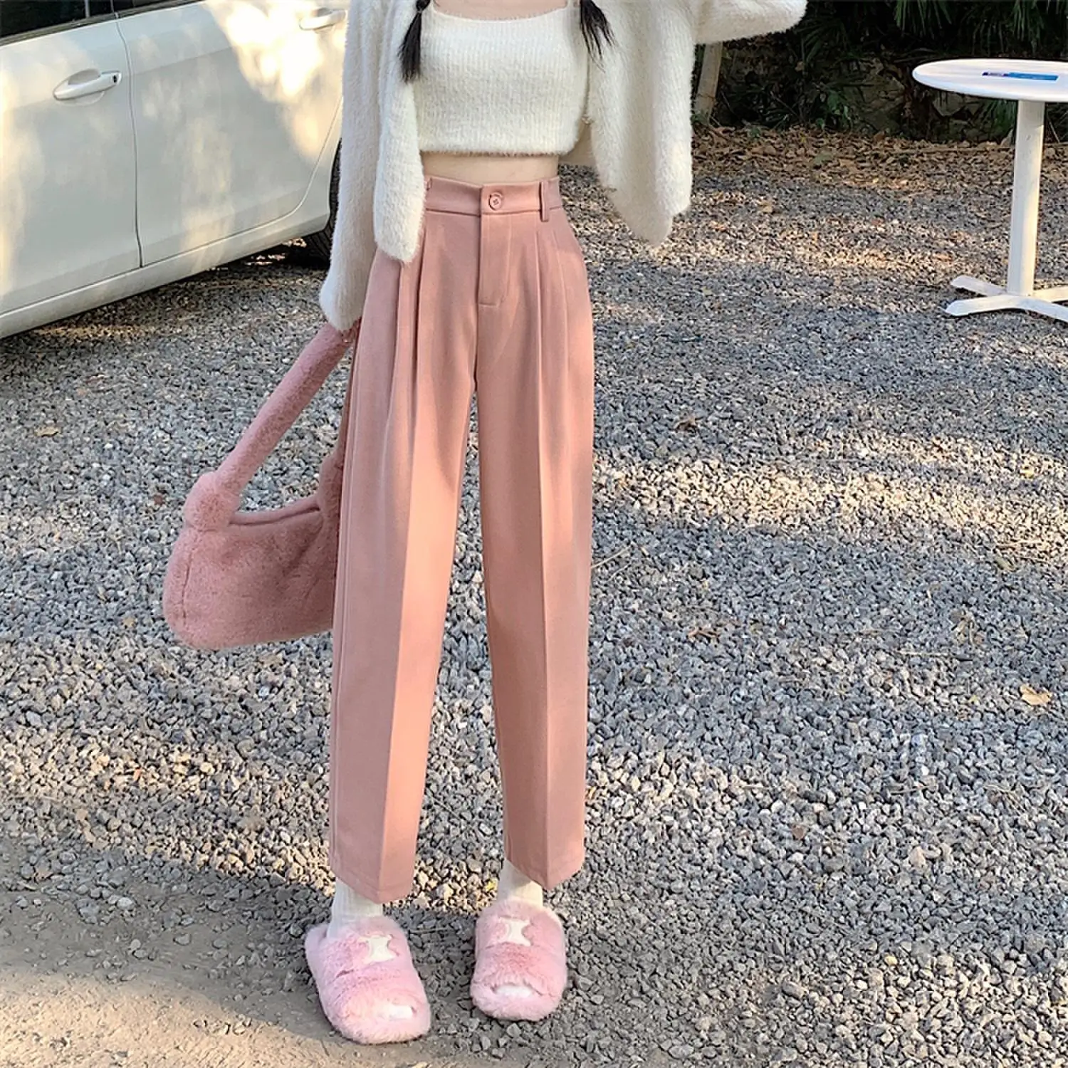 

Autumn Thicken Woolen Pants Women Korean Slim Long Harlan Pants Vintage Straight Trousers Casual Fold Elegant Office Lady