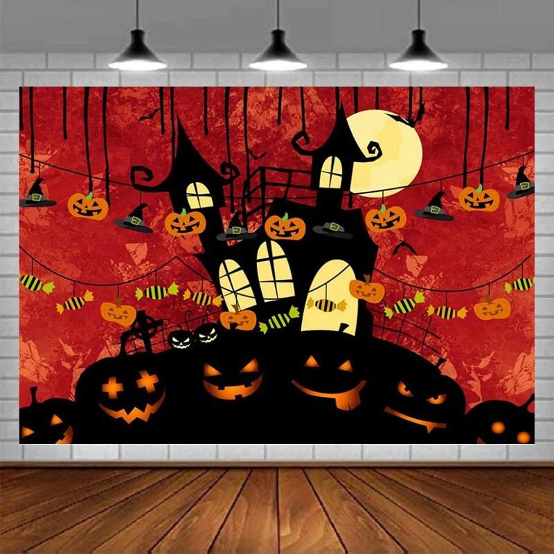 

Фон для фотосъемки Хэллоуин новечерние с изображением красного неба тыквы фонаря и замка детские конфеты фон для фотостудии баннер