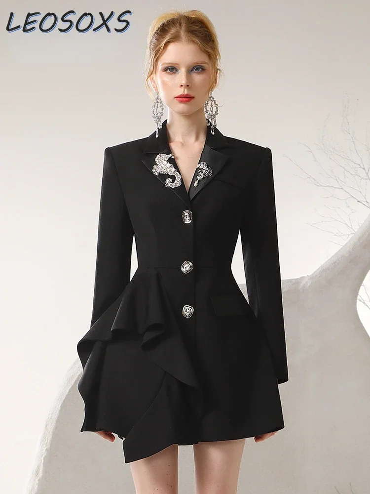 

Autumn/Winter Women's Chic Diamond Decorations Slimming Black Suit Dress Irregular Tierred Long Sleeve Office Lady Mini Dress