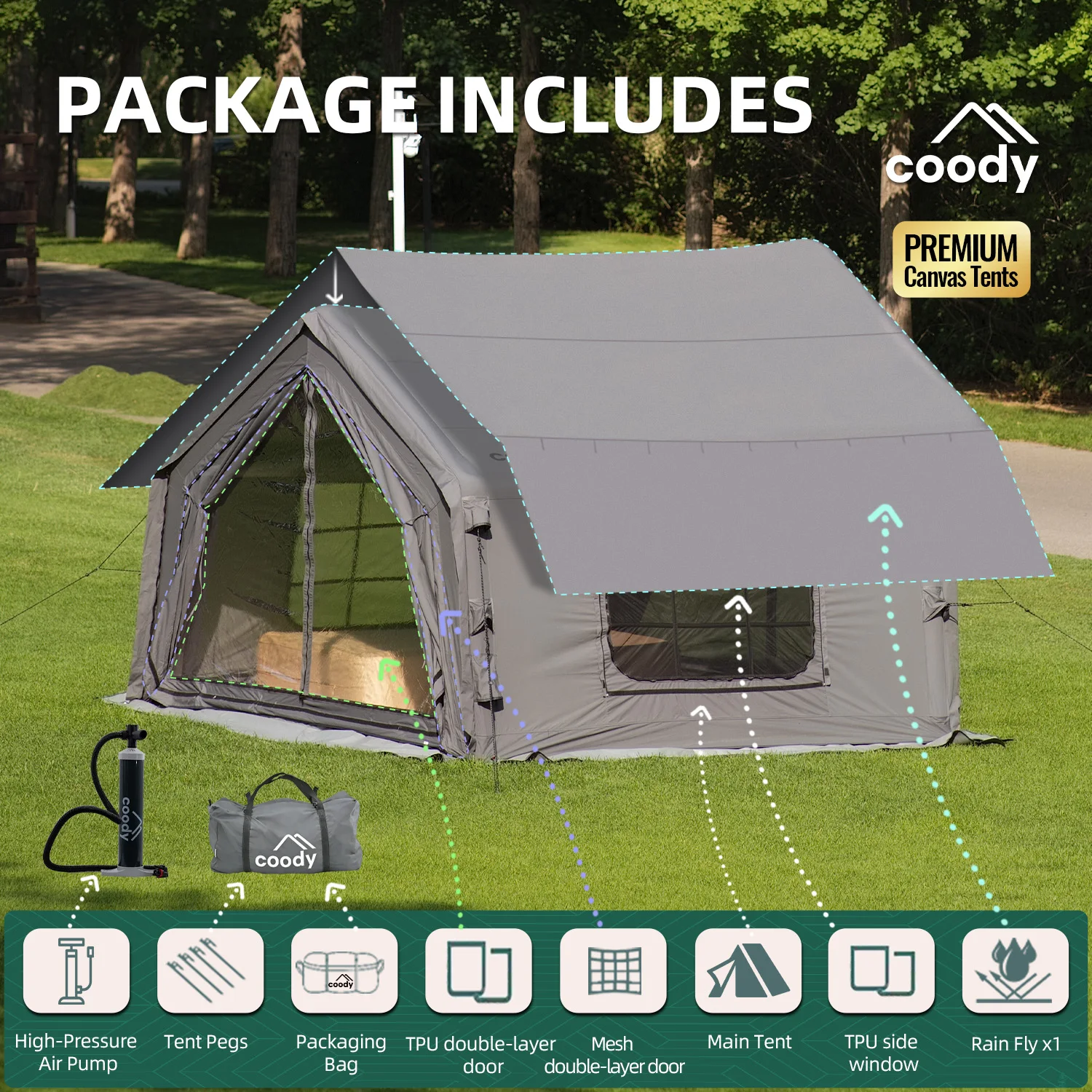 Фото Надувная палатка Coody 10.0 Air Tent-Gray, портативная, складная, для кемпинга на открытом воздухе, семейная, всесезонная, напрямую от производителя. №4
