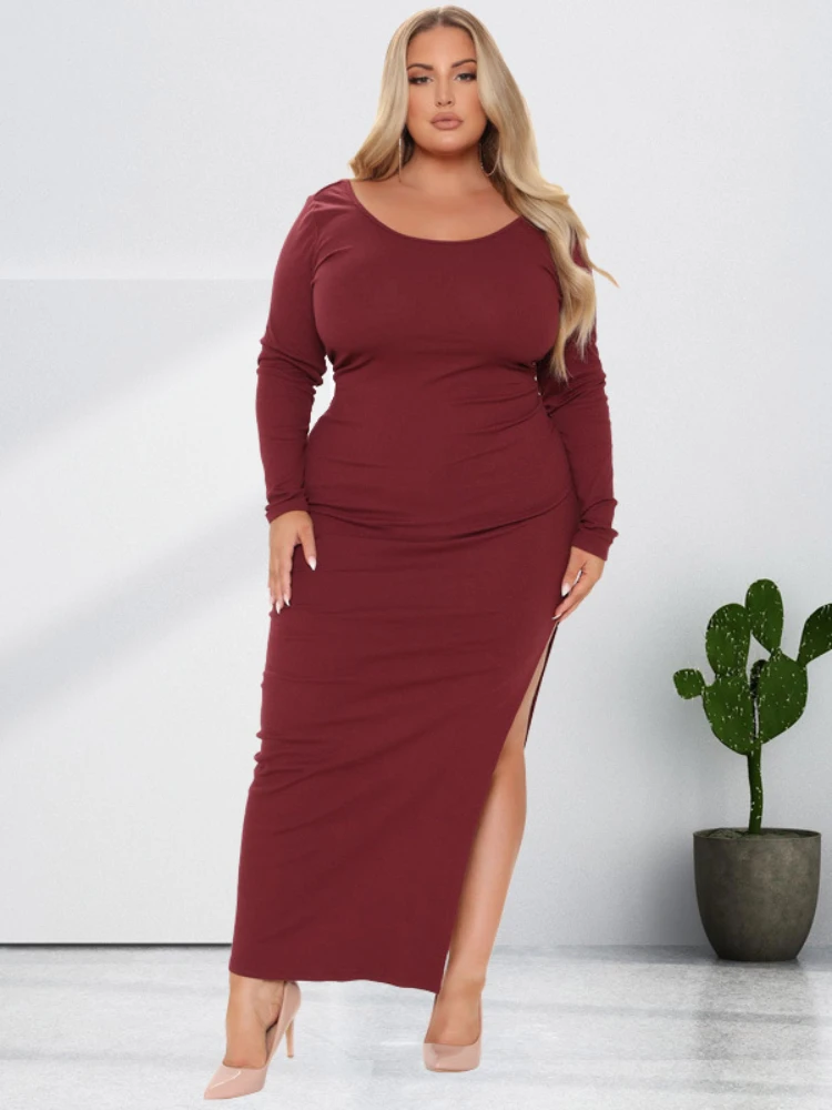Plus Size Casual Dresses for Women 2022 Summer Solid Color Slit Long Sleeve Vestidos African Office Ladies Simple Sexy New Dress