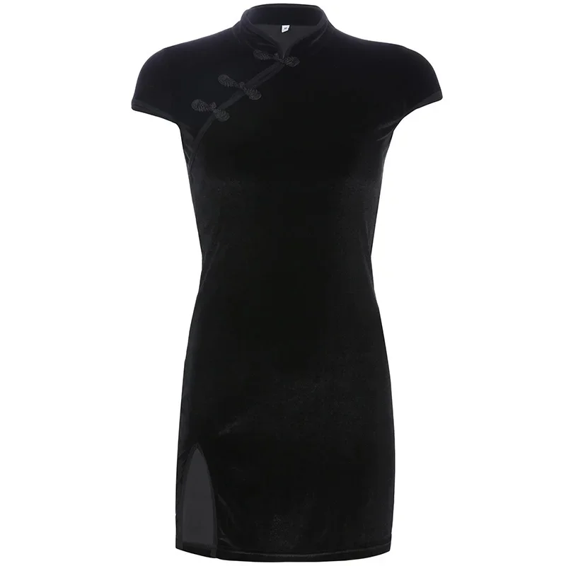 Элегантное китайское Чонсам Черное короткое платье Qipao китайские платья лето 2020