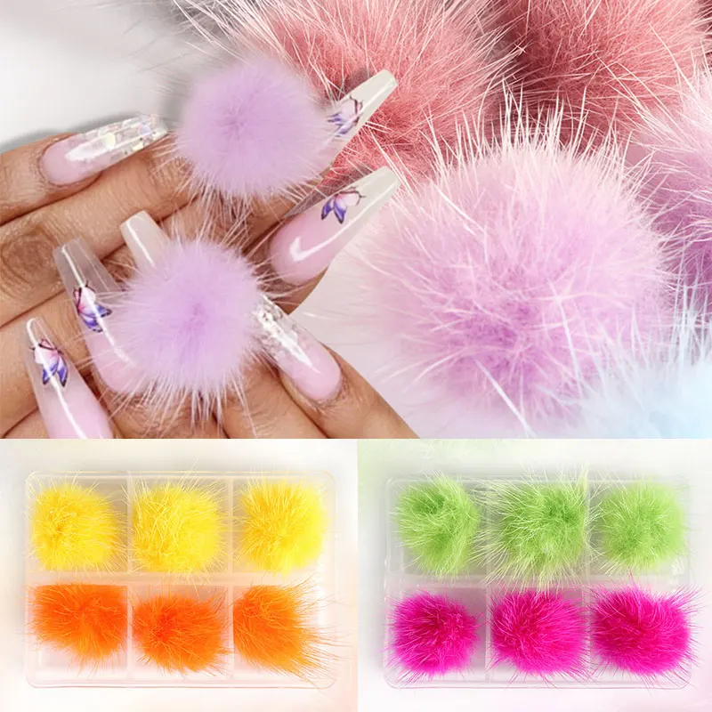 

6Pcs/Box Pompoms Plush Heart 3D Nail Art Decorations Soft Hairball Detachable Magnet Fashion Jewelry Manicure Design Accessories