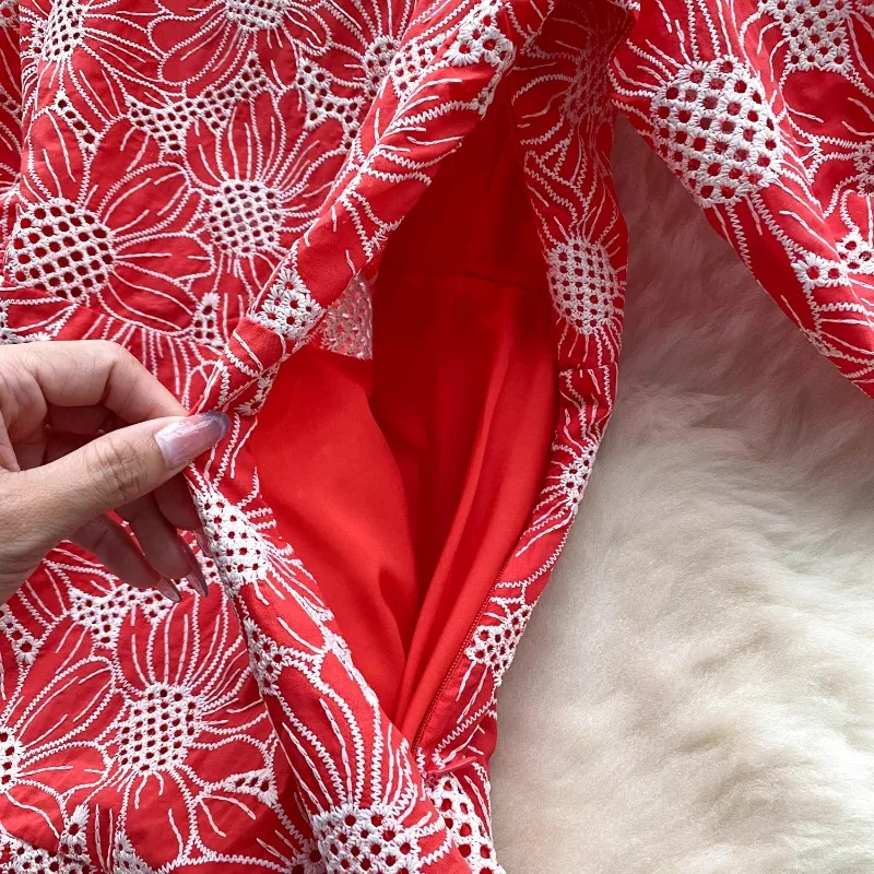 Ретро V-образный вырез-фонарь с короткими рукавами и вышитым принтом Элегантные