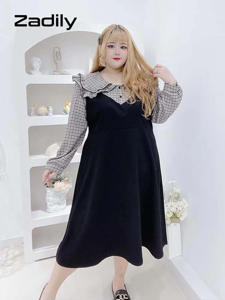 

Zadily Large size Office Lady Long Sleeve Dress Women Plaid Solid Loose Dresses 2022 Spring Plus Size Female Clothing 4XL 5XL