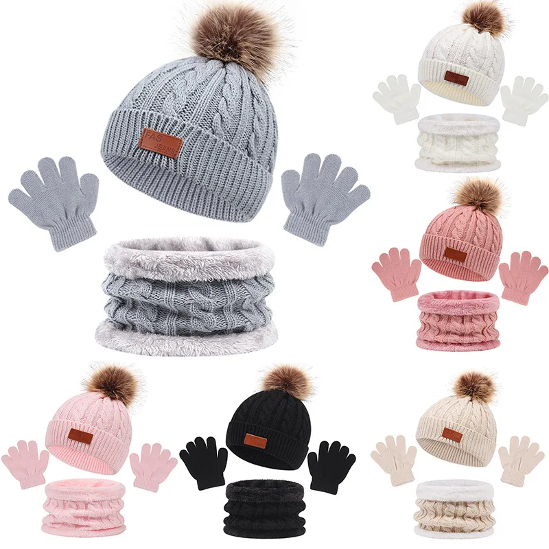 

2023 New European and American Children's Hats, Scarves, Gloves, Three Piece Winter Single Ball Baby Hat