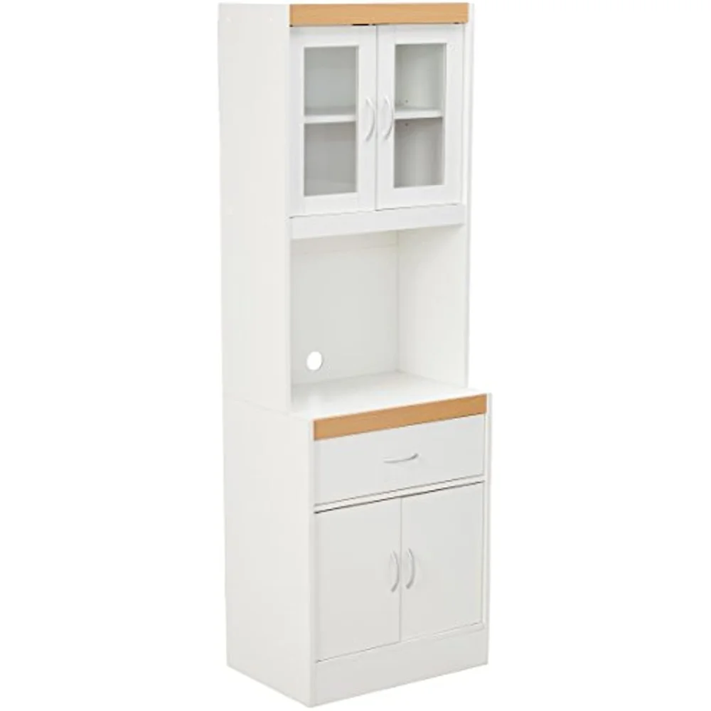 

Long Standing Kitchen Cabinet with Top & Bottom Enclosed Cabinet Space, One Drawer, Large Open Space for Microwave, White