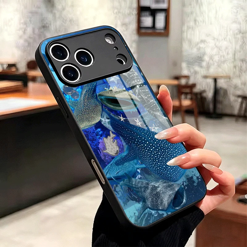 Фото Противоударный чехол из закаленного стекла Ocean Whale Shark для iPhone 13 14 15 16 17 Pro Max 17E 16E 12 11 XS 7 Plus Air №3