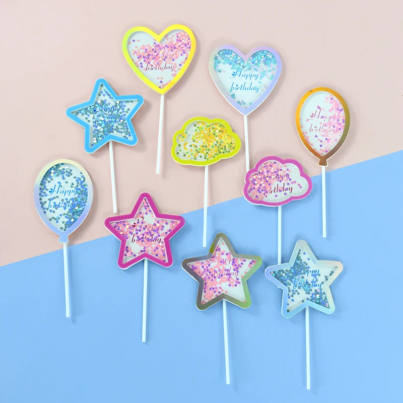 

2Pcs Transparent Sequin Star clouds Love Heart Cake Topper Baby Shower Birthday Cake Decoration Cupcake Topper Party Supplies